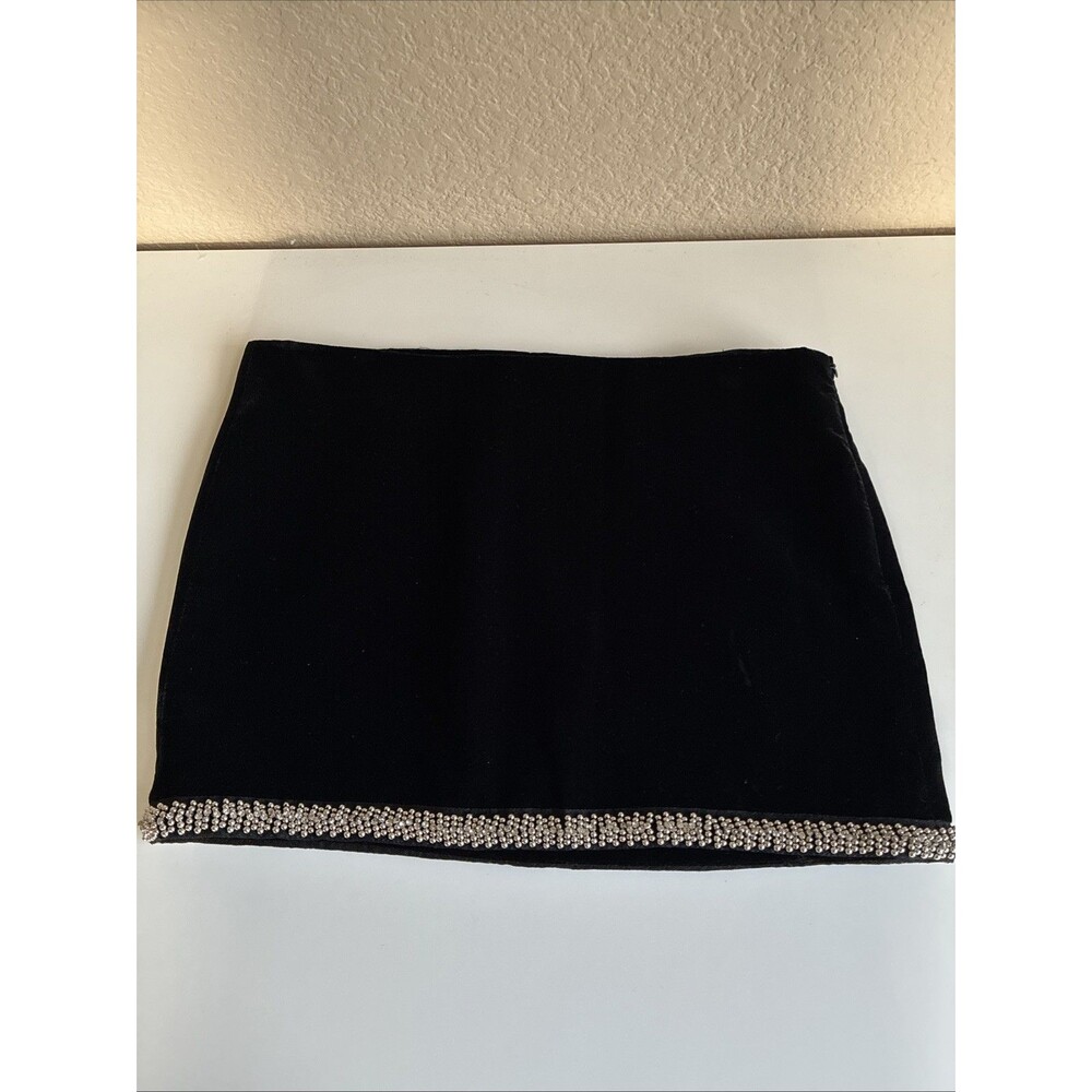 Zara Rhinestone Studded Velvet Black Mini Skirt Medium Side Zipper